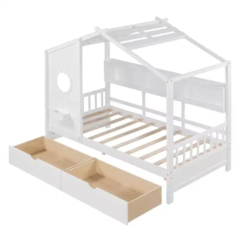 Hausbett mit Dach und Fenster, Holz-Tagesbettrahmen mit Regalen und 2 Schubladen für Kinder Mädchen Jungen, Weiß