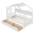 Hausbett mit Dach und Fenster, Holz-Tagesbettrahmen mit Regalen und 2 Schubladen für Kinder Mädchen Jungen, Weiß