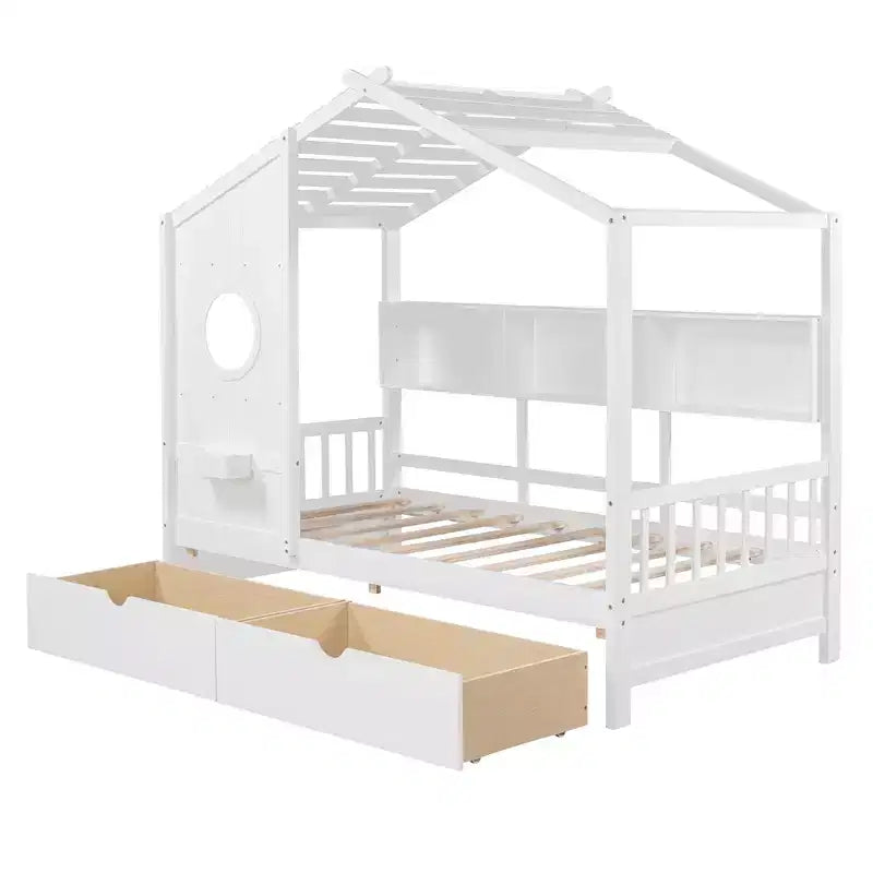 Hausbett mit Dach und Fenster, Holz-Tagesbettrahmen mit Regalen und 2 Schubladen für Kinder Mädchen Jungen, Weiß