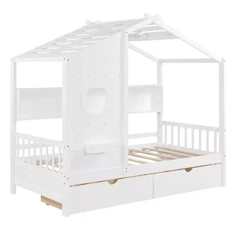 Hausbett mit Dach und Fenster, Holz-Tagesbettrahmen mit Regalen und 2 Schubladen für Kinder Mädchen Jungen, Weiß