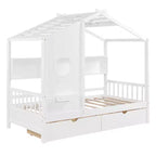 Hausbett mit Dach und Fenster, Holz-Tagesbettrahmen mit Regalen und 2 Schubladen für Kinder Mädchen Jungen, Weiß