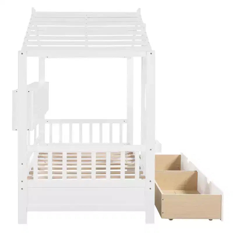 Hausbett mit Dach und Fenster, Holz-Tagesbettrahmen mit Regalen und 2 Schubladen für Kinder Mädchen Jungen, Weiß