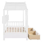 Hausbett mit Dach und Fenster, Holz-Tagesbettrahmen mit Regalen und 2 Schubladen für Kinder Mädchen Jungen, Weiß