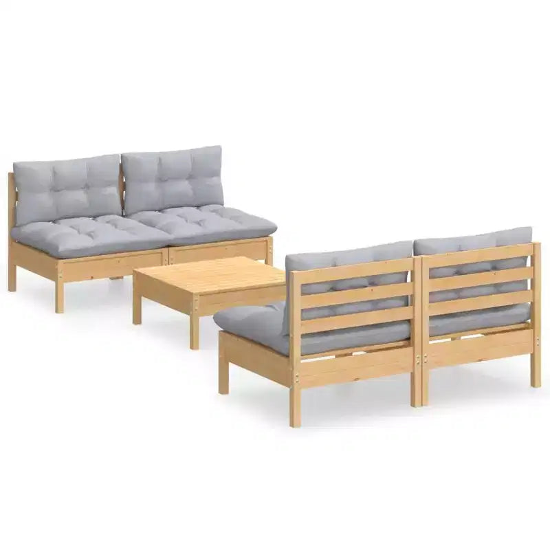 vidaXL 5 Piece Patio Lounge Set with Gray Cushions Pinewood - Brown and Gray