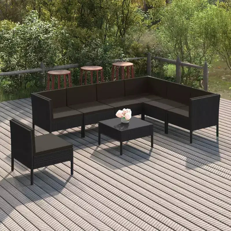 vidaXL Patio Lounge Set – 8-teilige Gartenmöbel aus schwarzem Polyrattan mit Kissen – Witterungsbeständiges, robustes und bequemes modulares Design