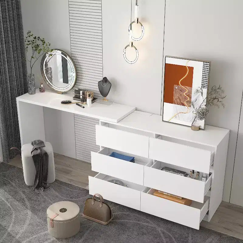 Famapy Cabrio-Kommode, Schminktisch mit 6 Schubladen, Lern-/Computertisch, All-in-One-Aufbewahrungseinheit für die Aufwertung Ihres Home-Office-Bereichs