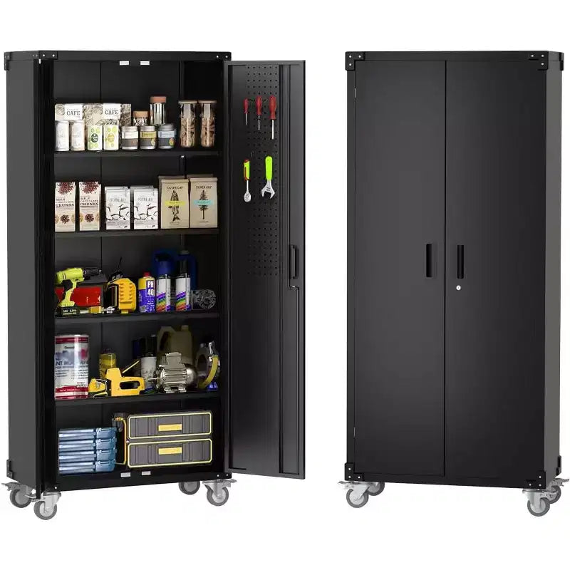 72 High Metal Storage Cabinet with Wheels, Cold Rolled Steel Tool Cabinet, 4 Adjustable Shelves, Lockable Rolling