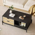 Farmhouse Boho Rattan Coffee Table with 4 Woven Drawers & Open Storage Shelf, Coffee Tables w/LED Lights, Wooden Center Table for Living Room