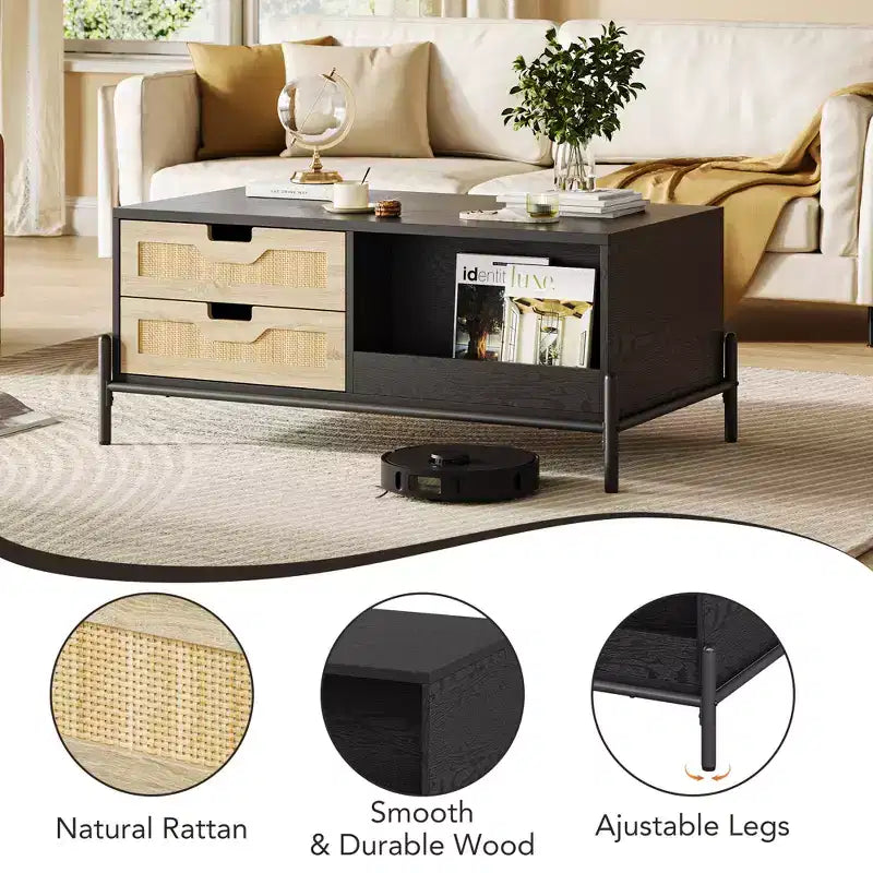 Bauernhaus Boho Rattan Couchtisch mit 4 geflochtenen Schubladen & offenem Ablagefach, Couchtische mit LED-Beleuchtung, Holztisch für Wohnzimmer