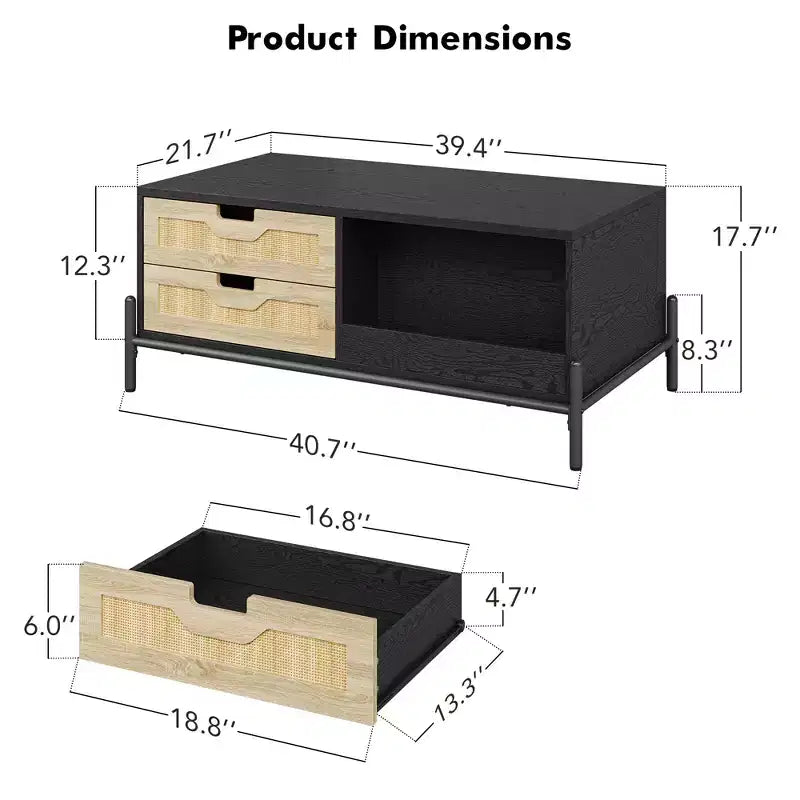 Bauernhaus Boho Rattan Couchtisch mit 4 geflochtenen Schubladen & offenem Ablagefach, Couchtische mit LED-Beleuchtung, Holztisch für Wohnzimmer