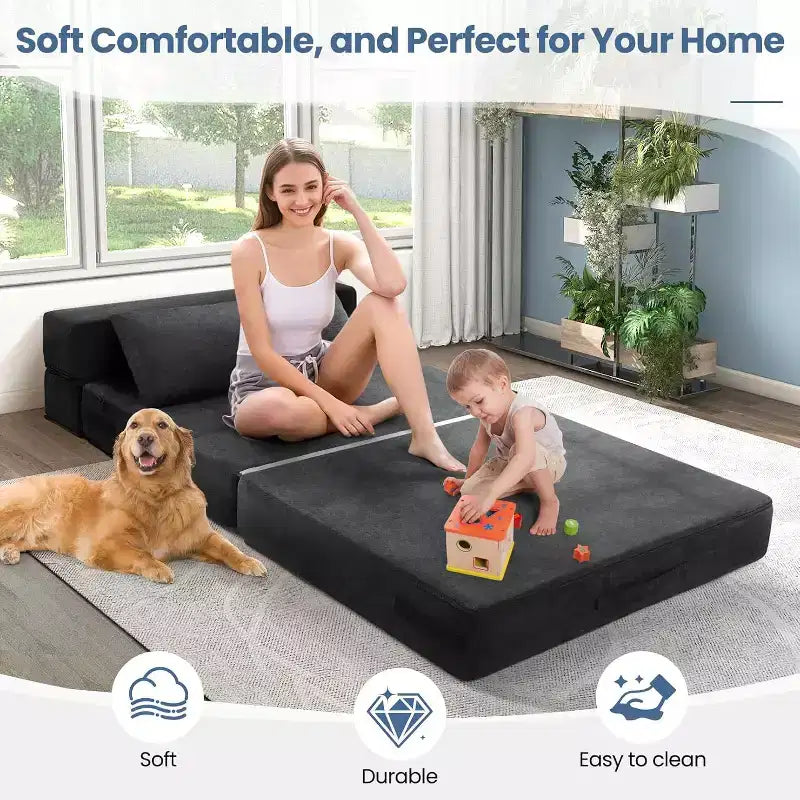 Homdox Klappsofa-Bettstuhl mit Kissen, verwandelbarer Liegestuhl, Schaumstoff-Bodenmatratze für Wohnzimmer/Schlafsaal/Gästezimmer/Büro, Twin-Größe