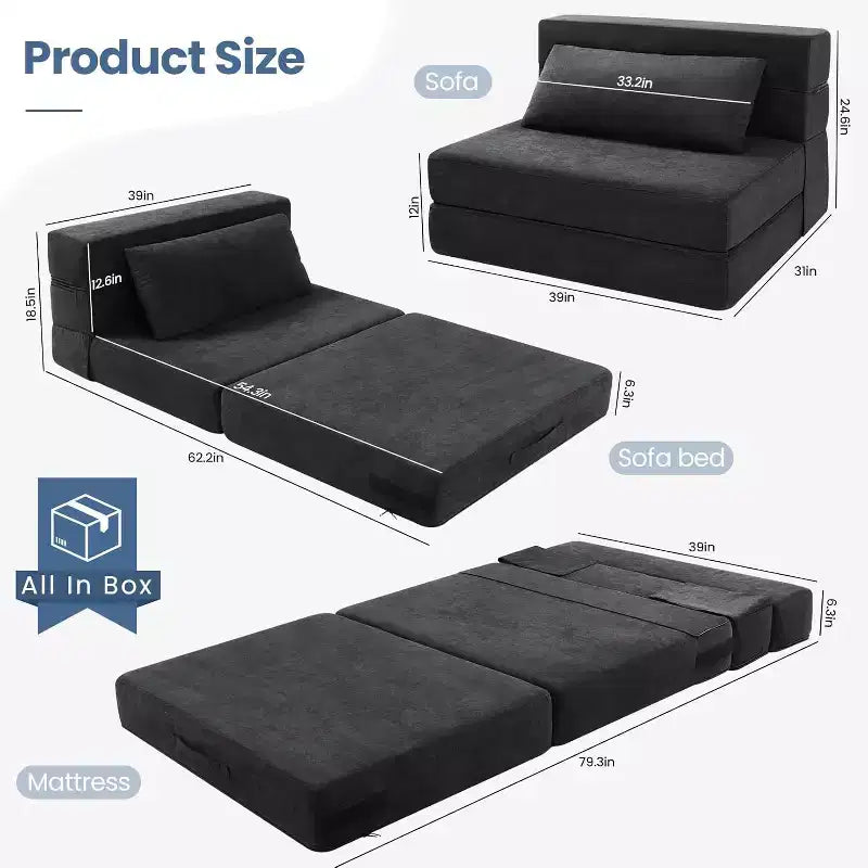Homdox Klappsofa-Bettstuhl mit Kissen, verwandelbarer Liegestuhl, Schaumstoff-Bodenmatratze für Wohnzimmer/Schlafsaal/Gästezimmer/Büro, Twin-Größe