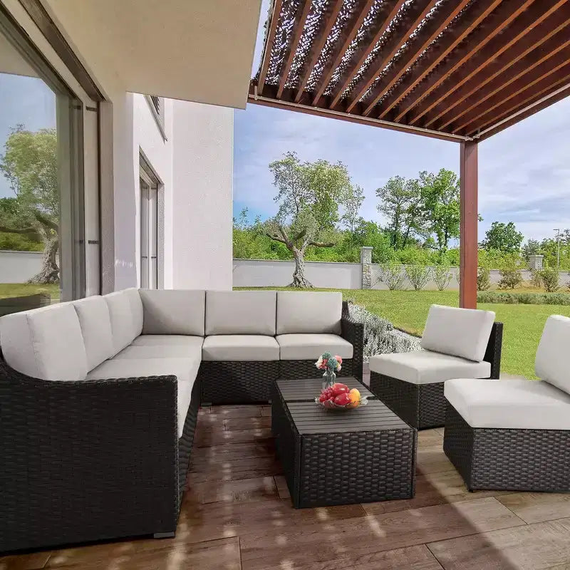 HAPPATIO 10-teiliges Terrassen-Gesprächs-Set, Terrassenmöbel-Set mit mehreren Konfigurationsoptionen, Rattan-Geflecht-Garten-Sofa-Garnitur.