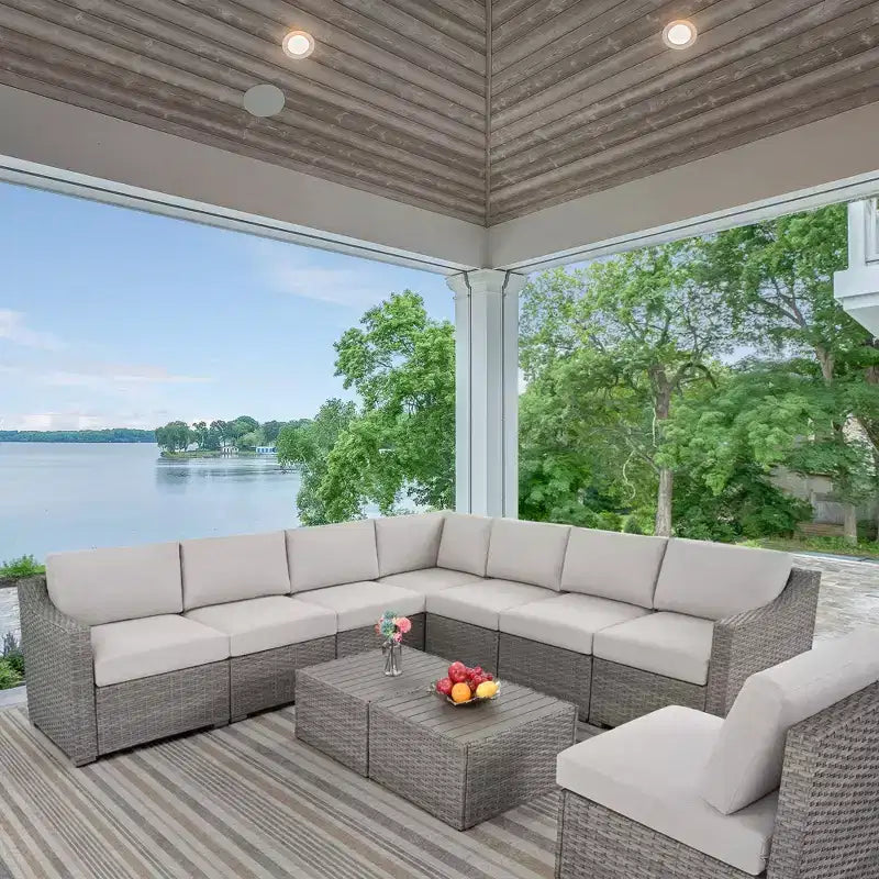 HAPPATIO 10-teiliges Terrassen-Gesprächs-Set, Terrassenmöbel-Set mit mehreren Konfigurationsoptionen, Rattan-Geflecht-Garten-Sofa-Garnitur.