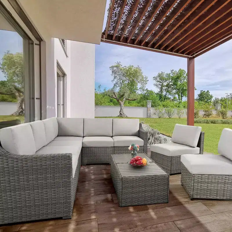 HAPPATIO 10-teiliges Terrassen-Gesprächs-Set, Terrassenmöbel-Set mit mehreren Konfigurationsoptionen, Rattan-Geflecht-Garten-Sofa-Garnitur.