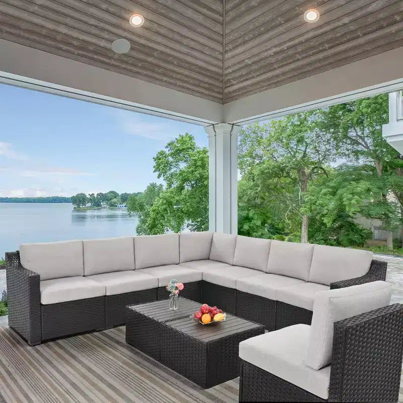 HAPPATIO 10-teiliges Terrassen-Gesprächs-Set, Terrassenmöbel-Set mit mehreren Konfigurationsoptionen, Rattan-Geflecht-Garten-Sofa-Garnitur.