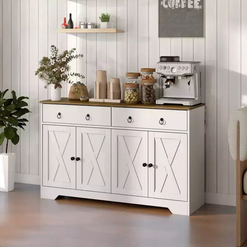 Küchenschrank, Buffet-Sideboard im Landhausstil mit Scheunentüren, Schubladen, verstellbaren Einlegeböden