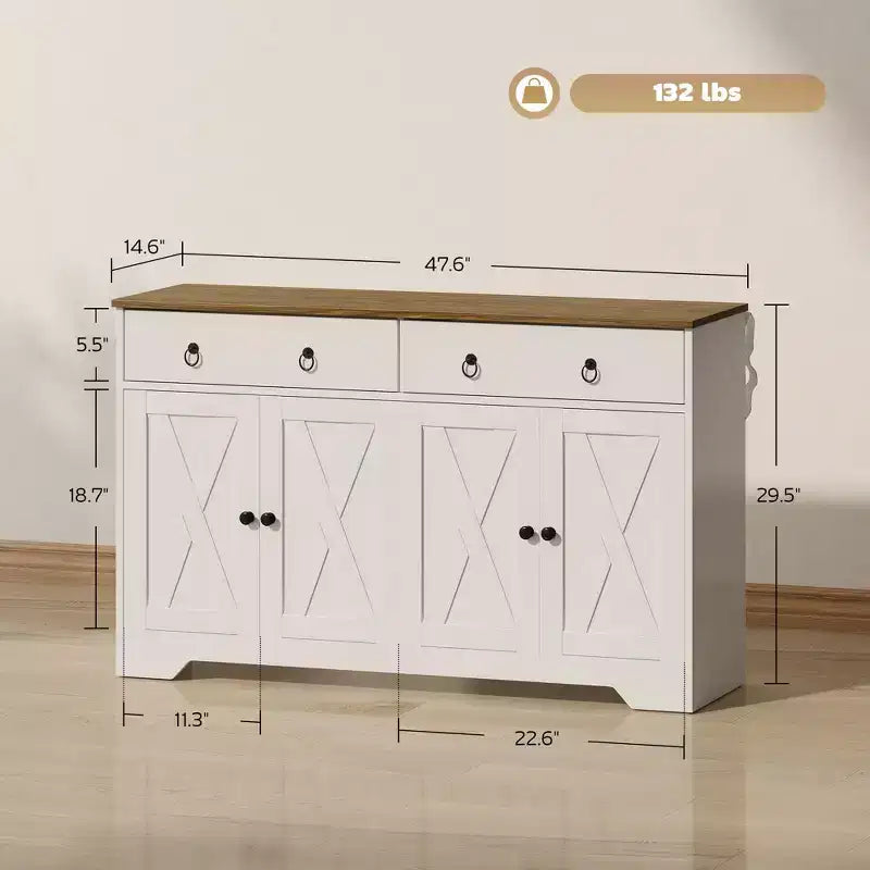Küchenschrank, Buffet-Sideboard im Landhausstil mit Scheunentüren, Schubladen, verstellbaren Einlegeböden