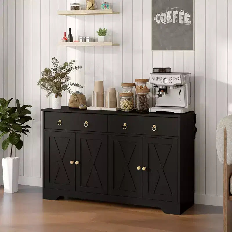 Küchenschrank, Buffet-Sideboard im Landhausstil mit Scheunentüren, Schubladen, verstellbaren Einlegeböden