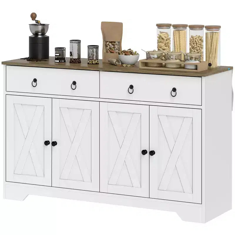 Küchenschrank, Buffet-Sideboard im Landhausstil mit Scheunentüren, Schubladen, verstellbaren Einlegeböden