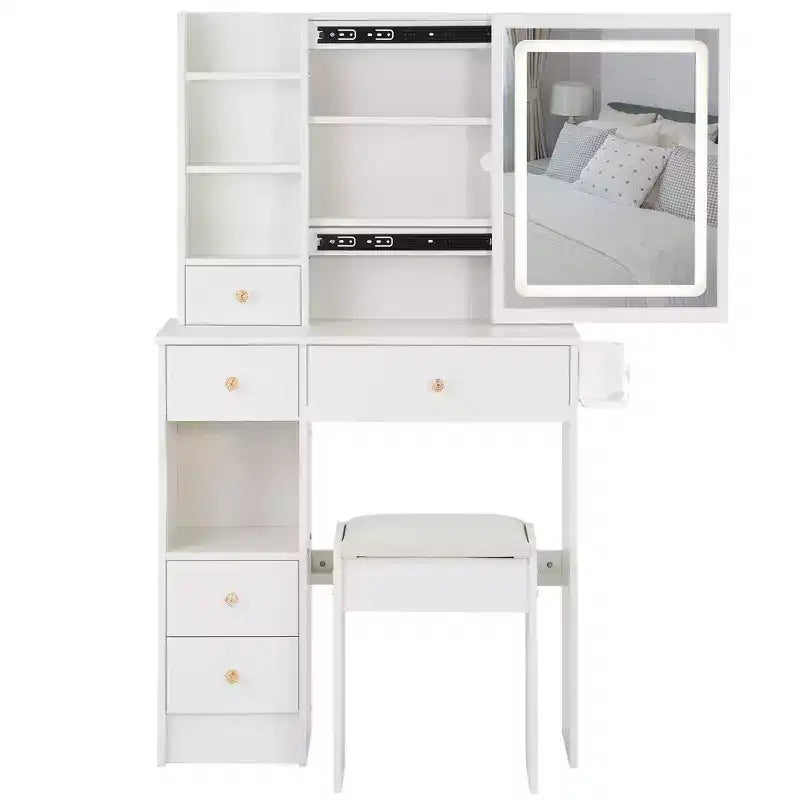 29.2 Small Size Left Drawer Desktop Vanity Table + Cushioned Stool, 2 AC+2 USB Power Station, Hair dryer bracket Tri-color Switching