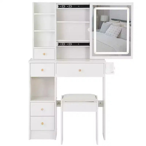 29.2 Small Size Left Drawer Desktop Vanity Table + Cushioned Stool, 2 AC+2 USB Power Station, Hair dryer bracket Tri-color Switching