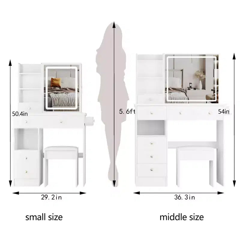 29.2 Kleiner Kosmetiktisch mit linkem Schubladendesign + gepolstertem Hocker, 2 AC+2 USB Steckdosen, Föhnhalterung, dreifarbig umschaltbar