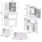29.2 Kleiner Kosmetiktisch mit linkem Schubladendesign + gepolstertem Hocker, 2 AC+2 USB Steckdosen, Föhnhalterung, dreifarbig umschaltbar