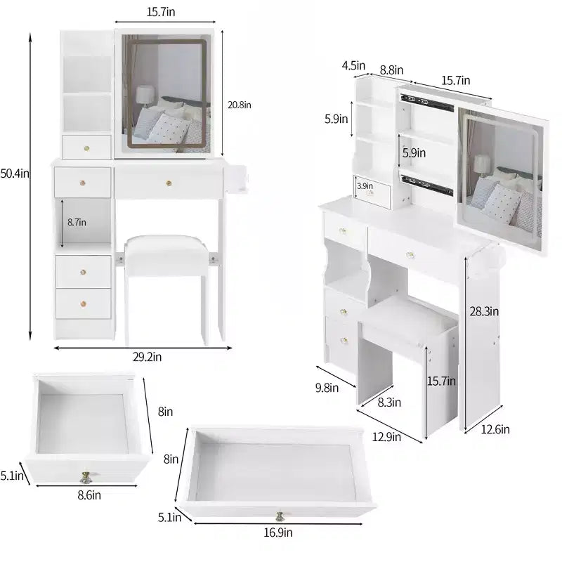 29.2 Kleiner Kosmetiktisch mit linkem Schubladendesign + gepolstertem Hocker, 2 AC+2 USB Steckdosen, Föhnhalterung, dreifarbig umschaltbar