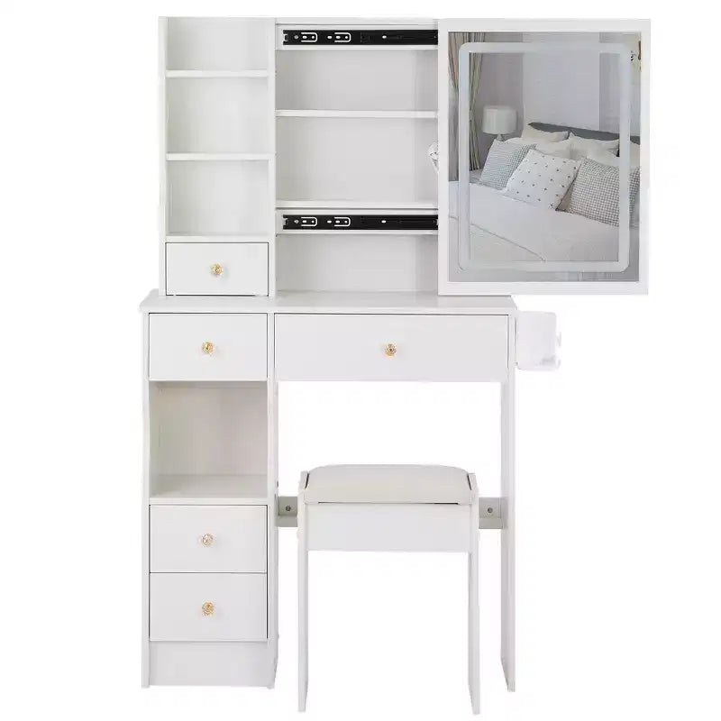 29.2 Kleiner Kosmetiktisch mit linkem Schubladendesign + gepolstertem Hocker, 2 AC+2 USB Steckdosen, Föhnhalterung, dreifarbig umschaltbar
