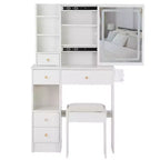 29.2 Kleiner Kosmetiktisch mit linkem Schubladendesign + gepolstertem Hocker, 2 AC+2 USB Steckdosen, Föhnhalterung, dreifarbig umschaltbar