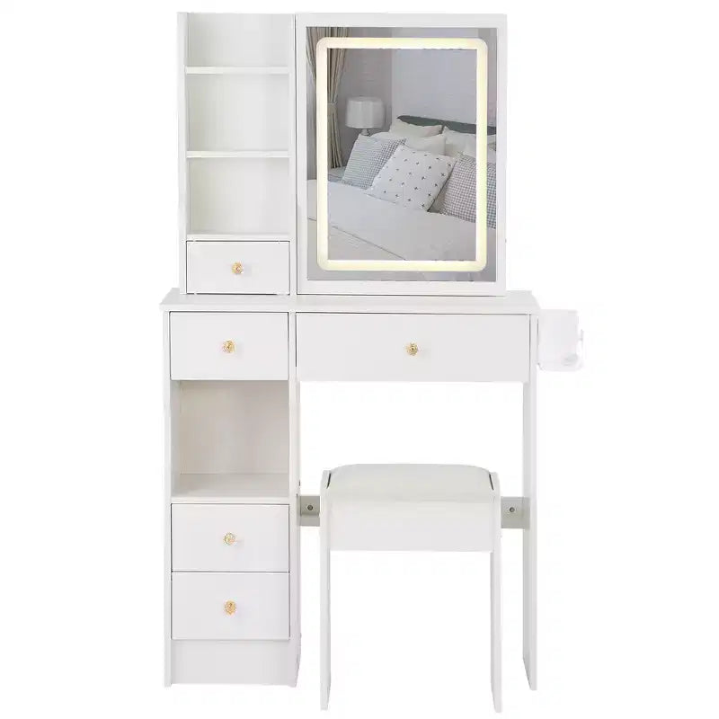 29.2 Kleiner Kosmetiktisch mit linkem Schubladendesign + gepolstertem Hocker, 2 AC+2 USB Steckdosen, Föhnhalterung, dreifarbig umschaltbar
