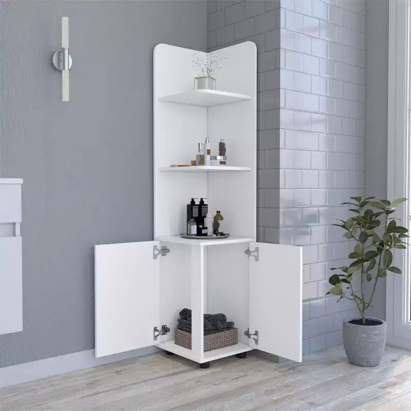 Badezimmer-Bodenschrank, hoher Badezimmerschrank mit 2-türigem Unterschrank, offenen Regalen mit 3 Ebenen