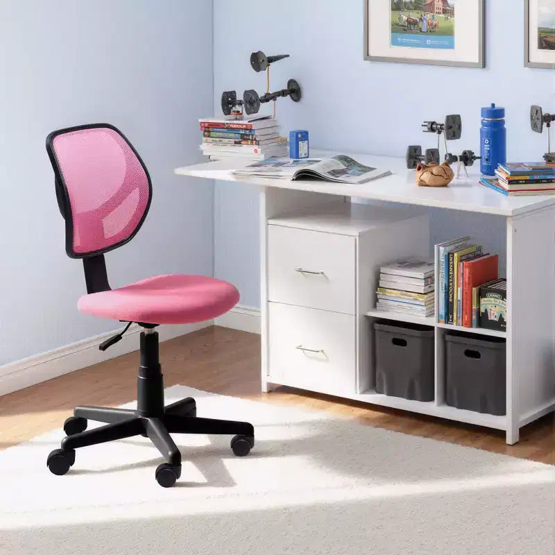 FurnitureR Desk Chair Mesh Armless, Ergonomic Adjustable Mid-Back Compact Rolling Swivel Computer Task Chair for Home Office Study Work, Pink