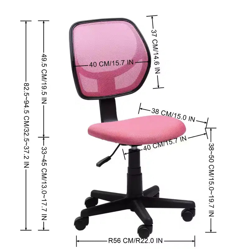 FurnitureR Schreibtischstuhl, Netzstoff, ohne Armlehnen, ergonomisch verstellbar, mittelhohe Rückenlehne, kompakt, rollbar, drehbar, Computer-Bürostuhl für Home Office, Studium, Arbeit, Rosa