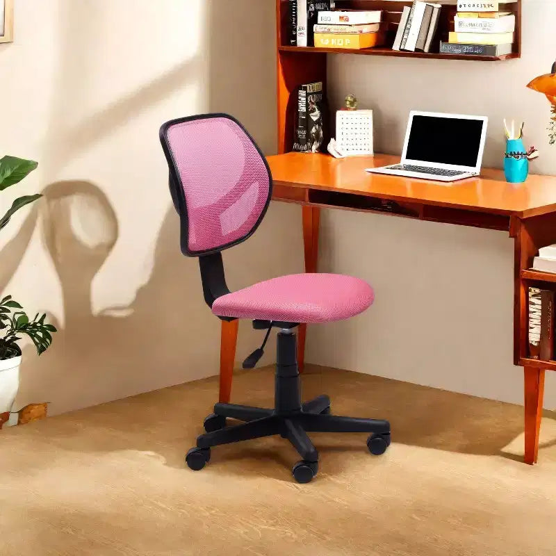FurnitureR Schreibtischstuhl, Netzstoff, ohne Armlehnen, ergonomisch verstellbar, mittelhohe Rückenlehne, kompakt, rollbar, drehbar, Computer-Bürostuhl für Home Office, Studium, Arbeit, Rosa