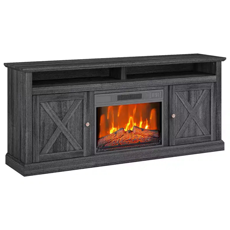 CuisinSmart 67in Farmhouse TV Stand with 23in Electric Fireplace Heater, Black Media Console with 2 Cabinets & Open Shelves for Living Room