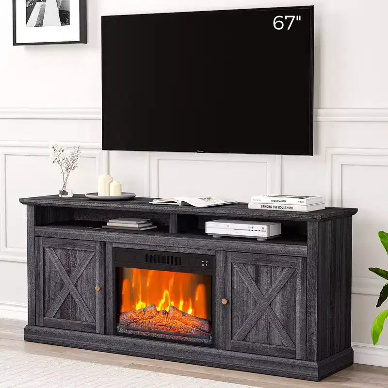 CuisinSmart 67 Zoll Farmhouse TV-Ständer mit 23 Zoll Elektro-Kaminheizung, schwarze Medienkonsole mit 2 Schränken und offenen Regalen für das Wohnzimmer