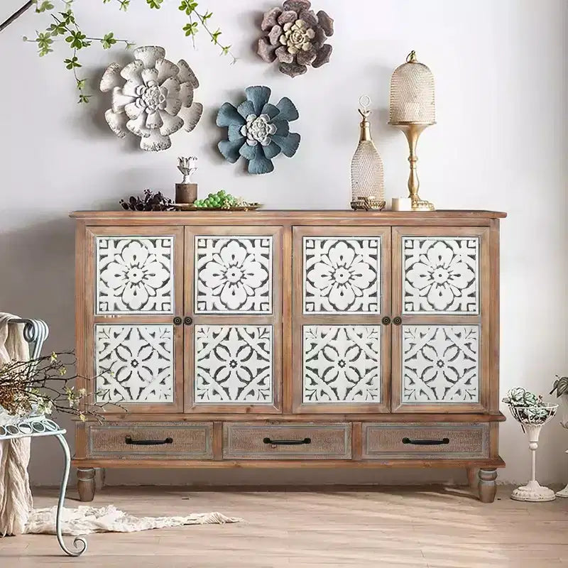 GDFStudio Patel Rustic Fir Wood 59.05'' Storage Sideboard Cabinet with 3 Drawers