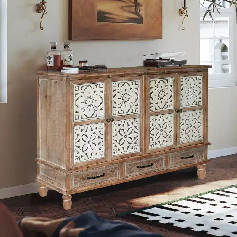 GDFStudio Patel Rustikales Tannenholz 59.05'' Aufbewahrungs-Sideboard-Schrank mit 3 Schubladen