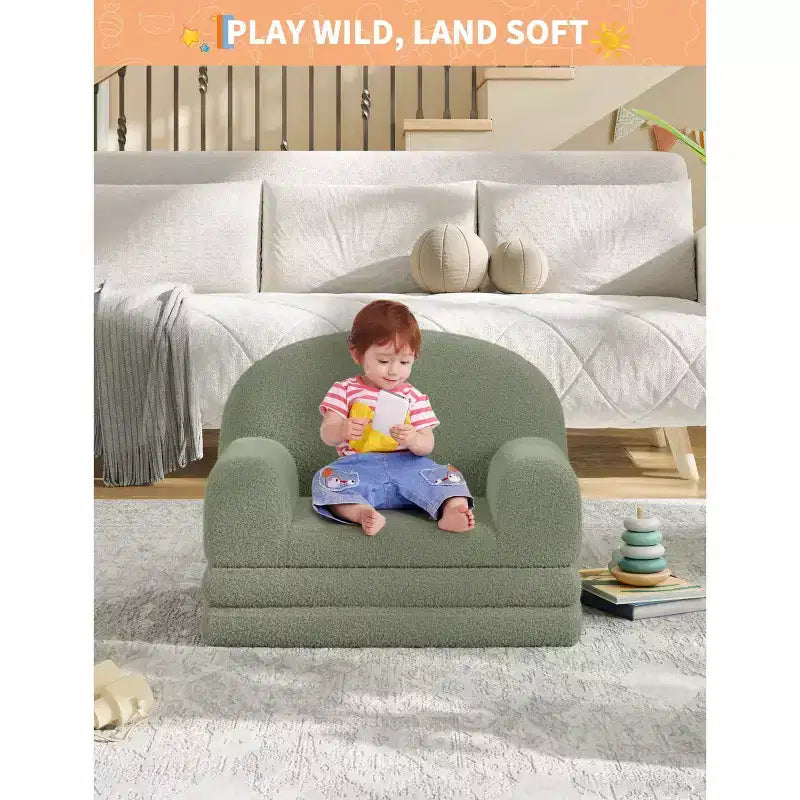 2-in-1 Kinder Schlafsofa & Liege, Halbmond-Design Couchbett, ausklappbares Teddy-Fleece-Kindersofa, maschinenwaschbarer Bezug