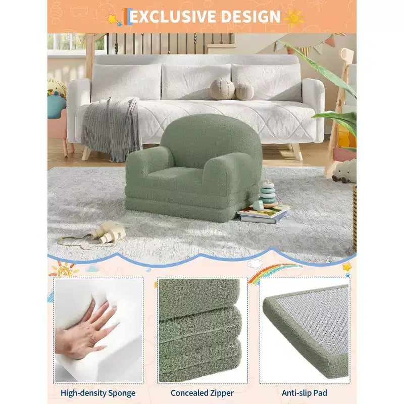 2-in-1 Kinder Schlafsofa & Liege, Halbmond-Design Couchbett, ausklappbares Teddy-Fleece-Kindersofa, maschinenwaschbarer Bezug
