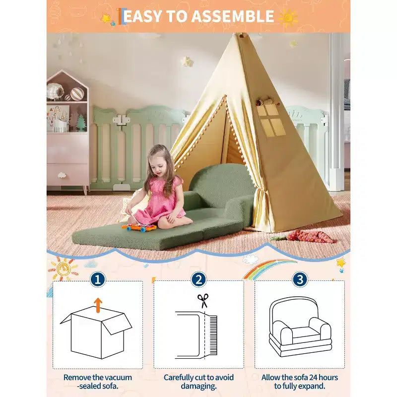 2-in-1 Kinder Schlafsofa & Liege, Halbmond-Design Couchbett, ausklappbares Teddy-Fleece-Kindersofa, maschinenwaschbarer Bezug