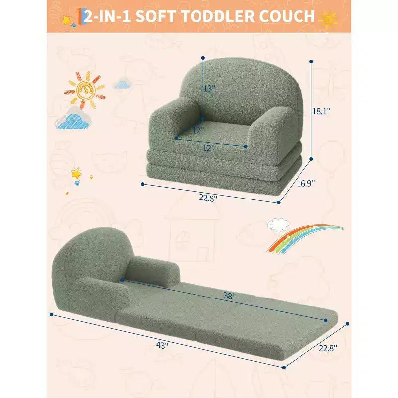 2-in-1 Kinder Schlafsofa & Liege, Halbmond-Design Couchbett, ausklappbares Teddy-Fleece-Kindersofa, maschinenwaschbarer Bezug