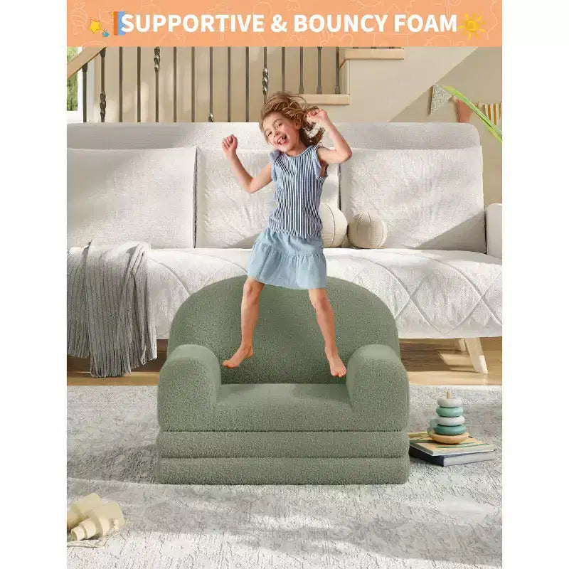 2-in-1 Kinder Schlafsofa & Liege, Halbmond-Design Couchbett, ausklappbares Teddy-Fleece-Kindersofa, maschinenwaschbarer Bezug