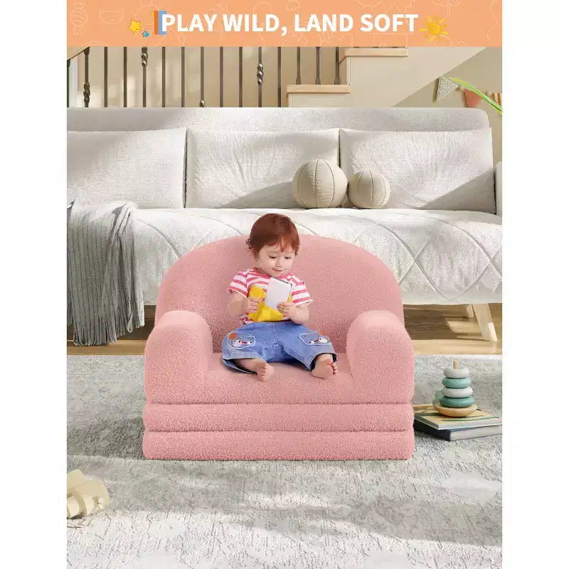 2-in-1 Kinder Schlafsofa & Liege, Halbmond-Design Couchbett, ausklappbares Teddy-Fleece-Kindersofa, maschinenwaschbarer Bezug