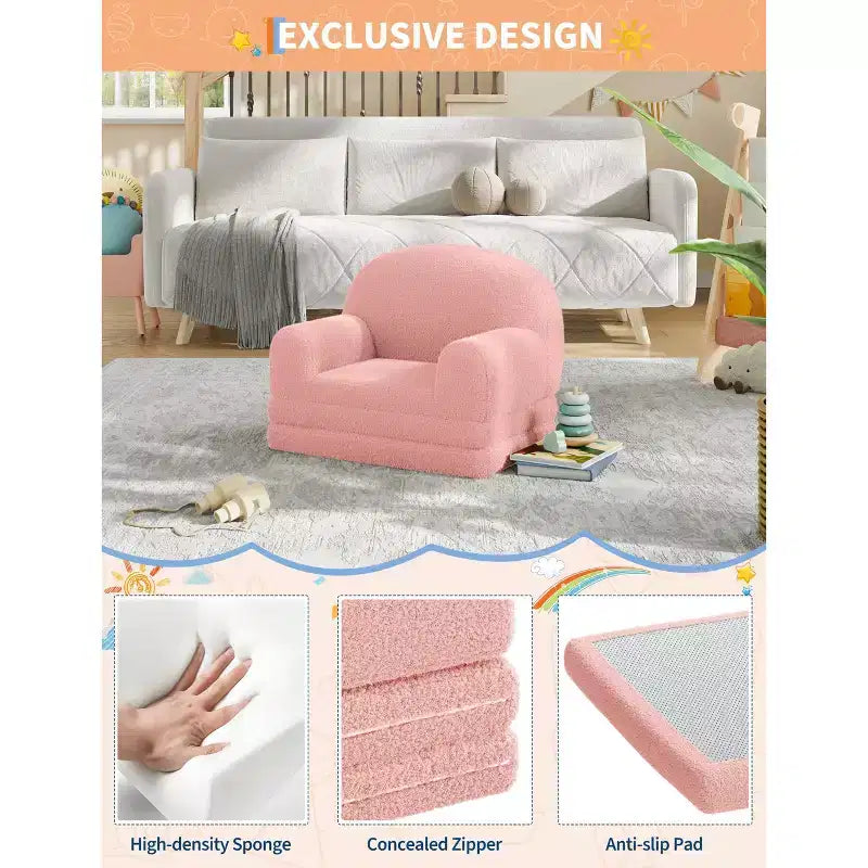 2-in-1 Kinder Schlafsofa & Liege, Halbmond-Design Couchbett, ausklappbares Teddy-Fleece-Kindersofa, maschinenwaschbarer Bezug
