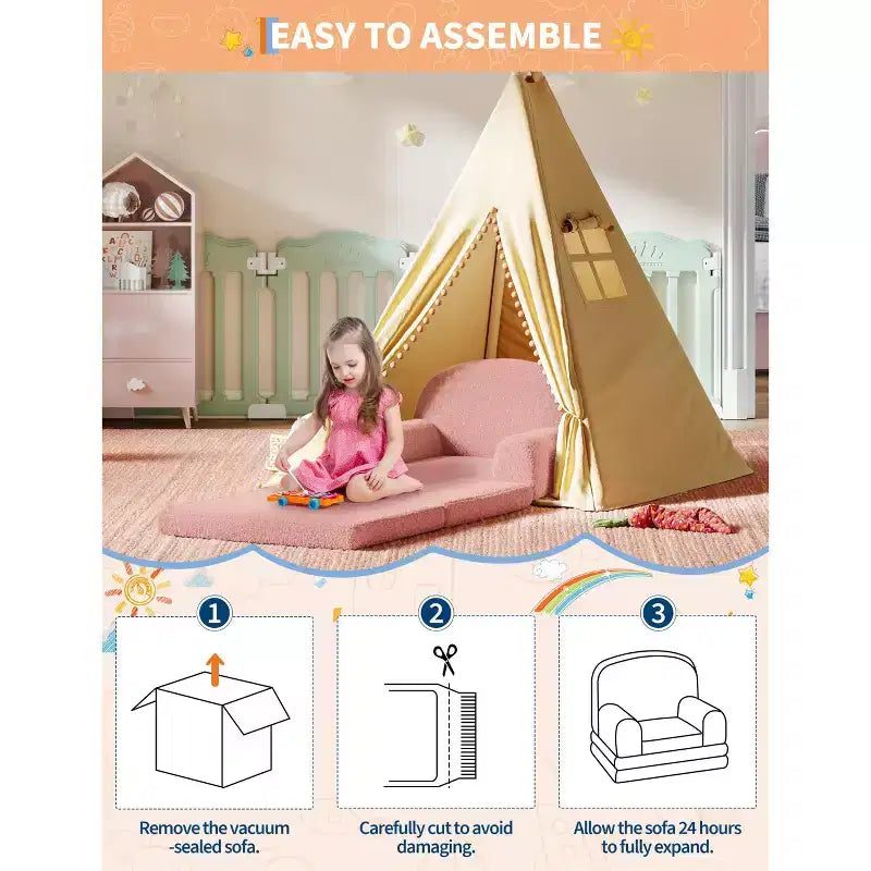 2-in-1 Kinder Schlafsofa & Liege, Halbmond-Design Couchbett, ausklappbares Teddy-Fleece-Kindersofa, maschinenwaschbarer Bezug