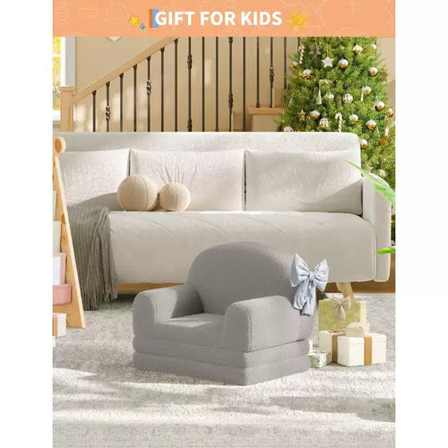 2-in-1 Kinder Schlafsofa & Liege, Halbmond-Design Couchbett, ausklappbares Teddy-Fleece-Kindersofa, maschinenwaschbarer Bezug