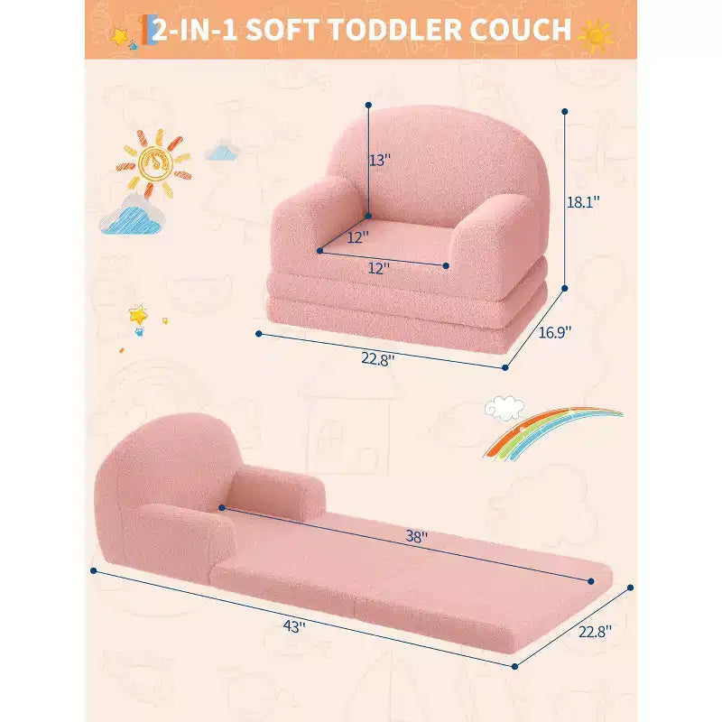 2-in-1 Kinder Schlafsofa & Liege, Halbmond-Design Couchbett, ausklappbares Teddy-Fleece-Kindersofa, maschinenwaschbarer Bezug